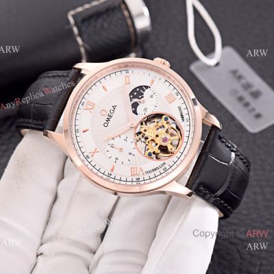 High Quality Omega Moonphase Men Watches Rose Gold Black leather Strap